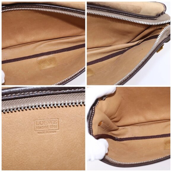 LOEWE Anagram Shoulder Bag Suede Leather Beige Gold Auth